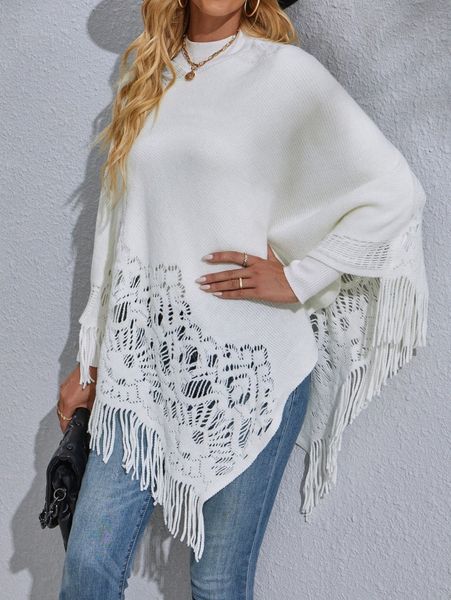 

mock neck ripped fringe hem knit poncho r8bo#, White;black