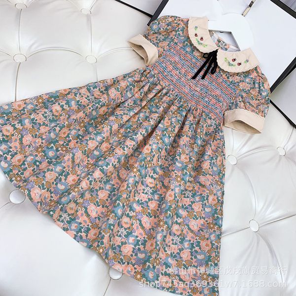 

girls summer short sleeve embroidered floral skirt college doll collar printed princess skirt, White