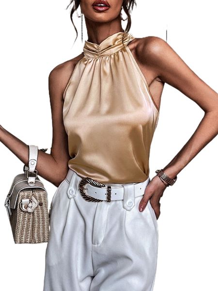 

tie back satin halter blouse c7bh#, White