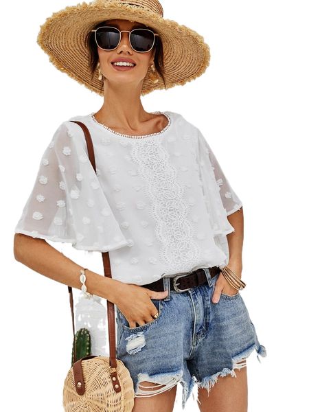 

swiss dot butterfly sleeve guipure lace panel blouse z5zp#, White