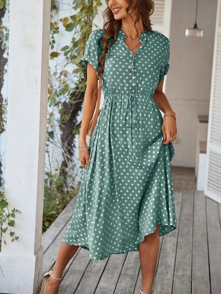 

polka dot drawstring button front dress 10x8#, Black;gray