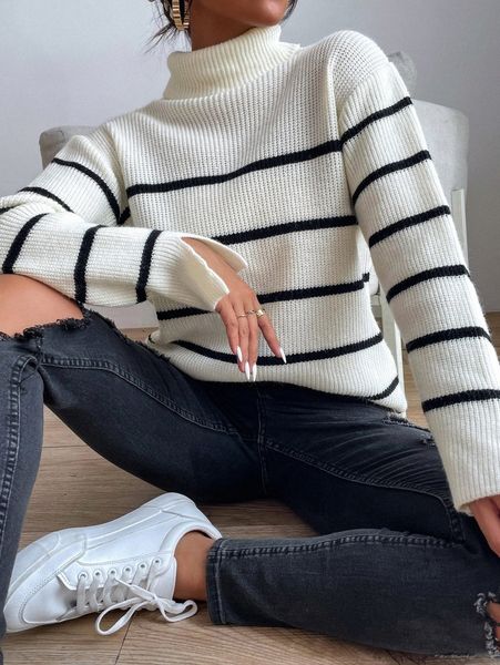 

striped pattern turtle neck drop shoulder sweater v0s5#, White;black