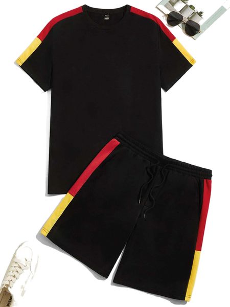 

men contrast side seam tee & drawstring waist shorts c6ab#, Gray