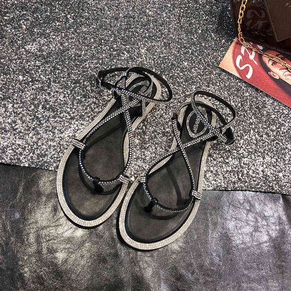 

summer 2022 new black fashion round toe flat sandals rhinestone outdoor muller sandals and slippers y220409