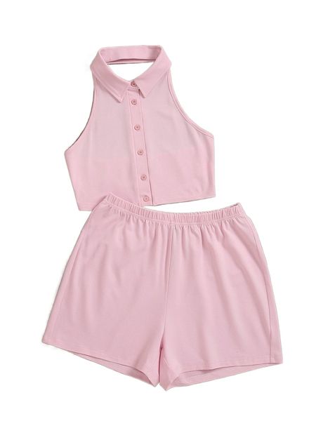 

solid button front backless halter & shorts f261#, White