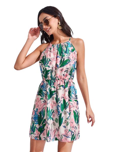 

tropical print halter neck dress h40d#, Black;gray