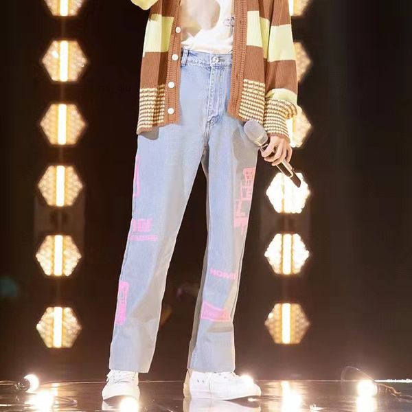

women jeans men denim blue printing fluorescent graffiti straight loose wide-leg pants