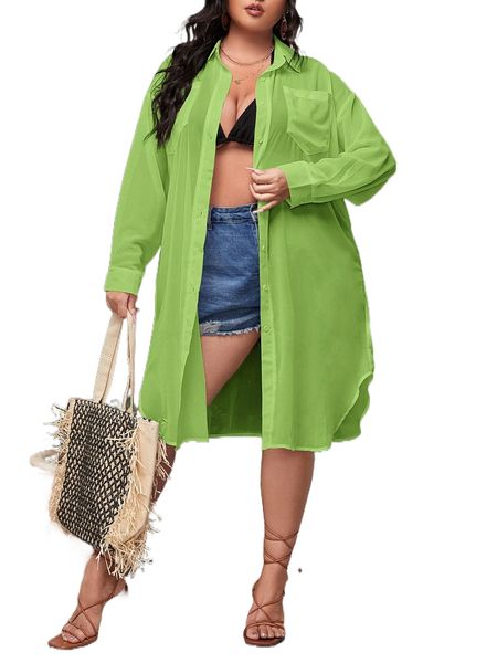 

sxy plus chiffon button front pocket patched longline blouse e3mw#, Black