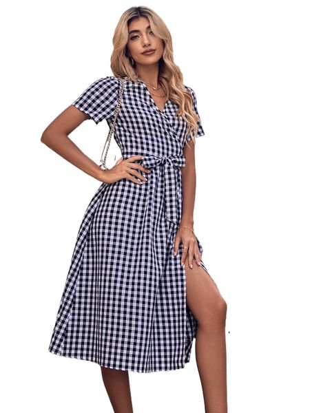 

buffalo plaid print split thigh belted dress b23a#, Black;gray