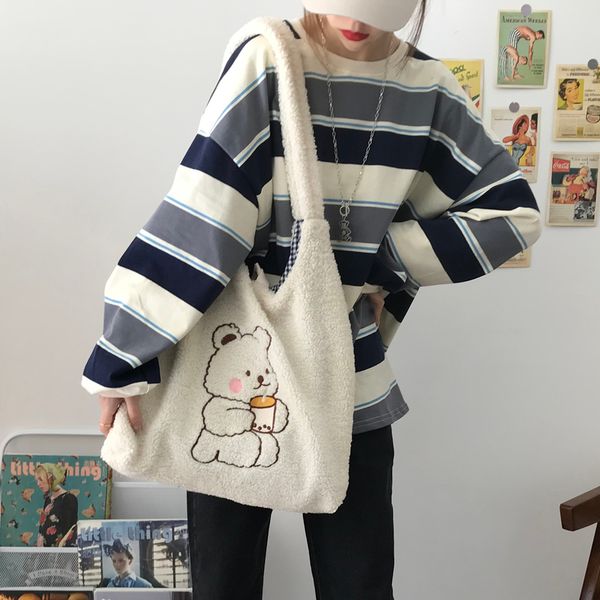 

hylhexyr women canvas tote purse lamb like fabric shoulder bag bear embroider crossbody handbag casual shopper cute for girl 220512