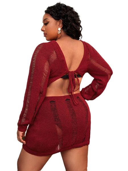 

plus open stitch tie back cut-out cover up m20y#, Black