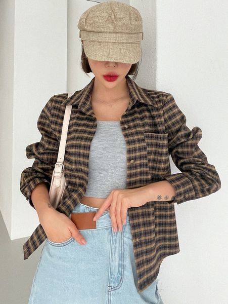 

dazy plaid patched pocket button through blouse j6yq#, White