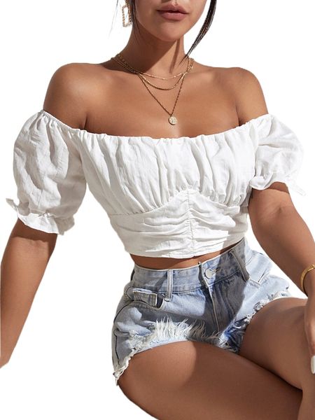 

off shoulder ruched bust g4fe#, White