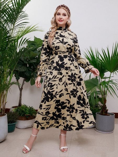 

plus floral print flounce sleeve frilled neck dress r5cs#, Black