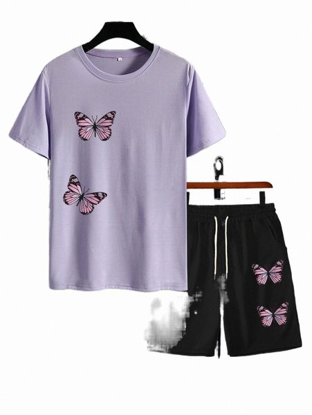 

men butterfly print tee & drawstring waist shorts z9a2#, Gray