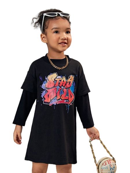 

toddler girls letter graphic 2 in 1 tee dress 75jo#, Black;white