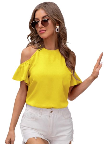 

cold shoulder ruffle sleeve solid 23so#, White