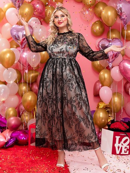 

plus floral lace overlay a-line dress i3uz#, Black