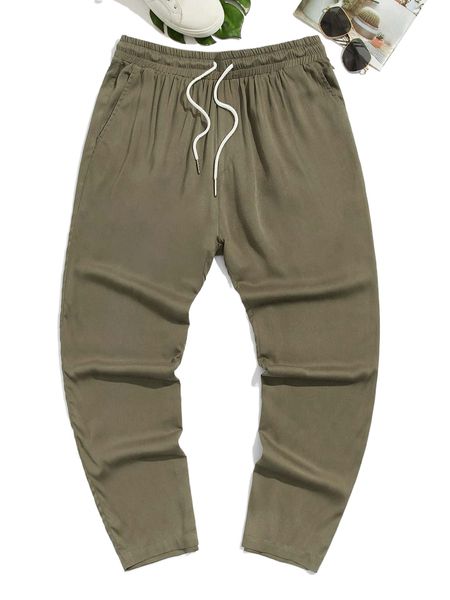 

men slant pockets drawstring waist pants a1bj#, Black