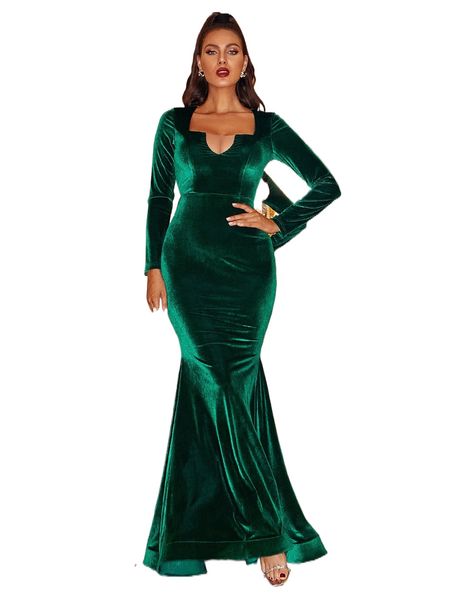 

missord square neck contrast mesh mermaid hem velvet dress s79x#, Black;gray