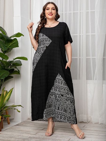 

plus geo print hidden pocket dress x4ub#, Black
