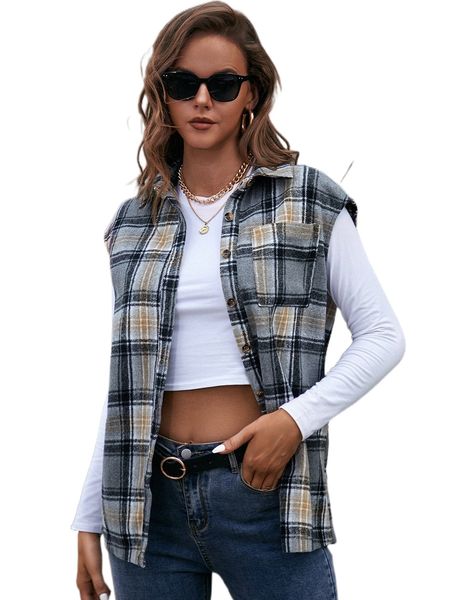 

plaid print pocket patched sleeveless overcoat n9m3#, Black