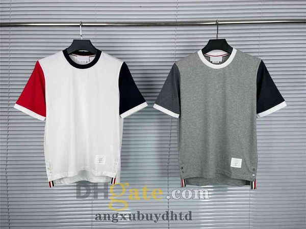 

tb short sleeve t shirts men's plain cotton patchwork cuffs t-shirt classic trend loose couple's same women's casual classic, White;black