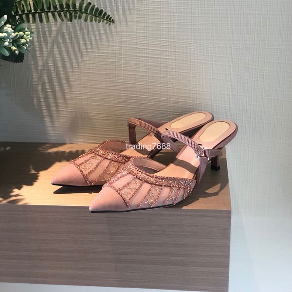 

slippers women wear summer pointed middle heel women's slippers, thin baotou drag sewn beads, elegant cool shoes, Black