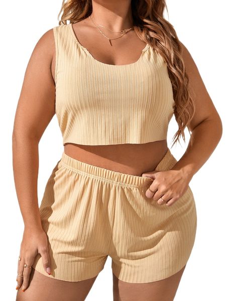 

plus ribbed knit lounge set 83qb#, Black;white