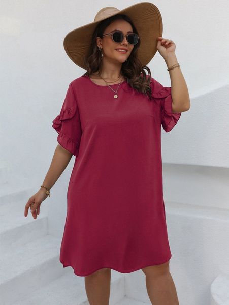 

plus frill trim petal sleeve tunic dress y1ee#, Black