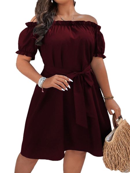 

plus off the shoulder puff sleeve belted dress b8qa#, Black
