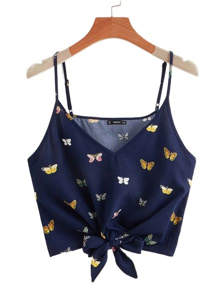 

plus butterfly print knot front cami u4yn#, Black
