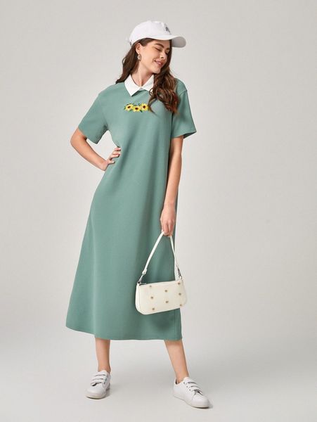 

floral embroidery contrast collar tee dress 52jv#, Black;gray
