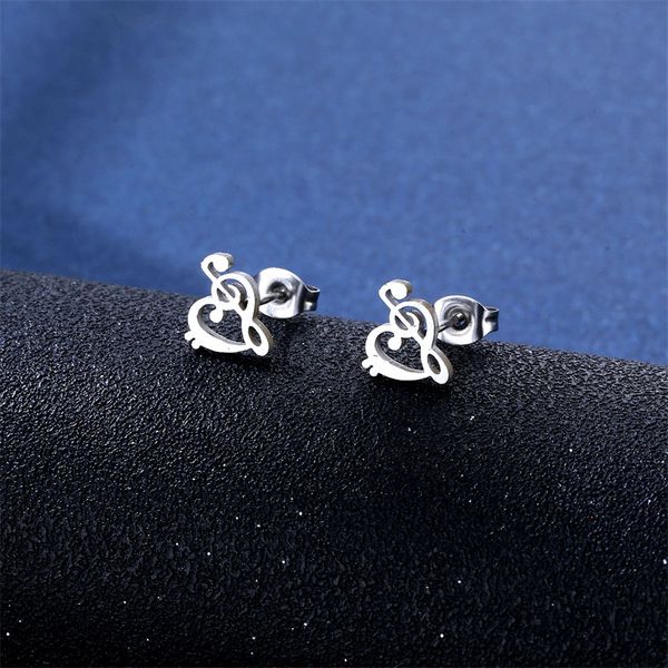 

stainless steel musical note pendant love necklace stud earrings set women's hip hop design personality jewelry clavicle chain, Silver
