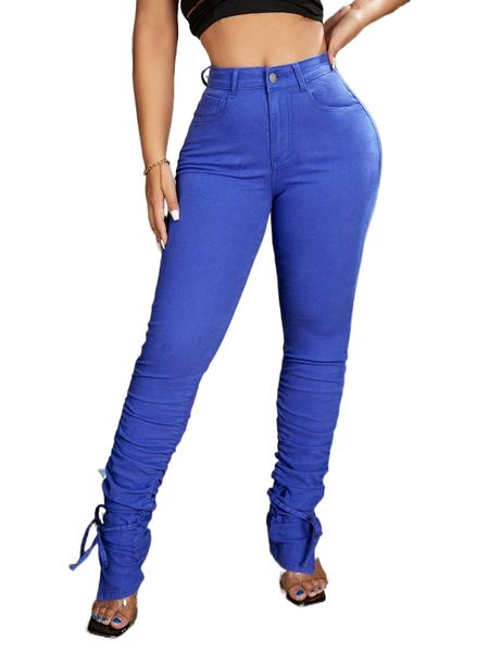 

sxy high waist ruched lace up skinny jeans e1pq#, Blue