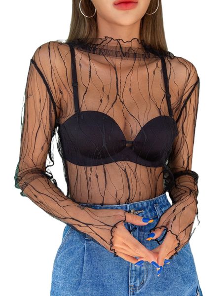 

dazy lettuce trim mock neck mesh without bra y32o#, White