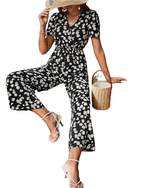 

allover floral print puff sleeve wide leg jumpsuit a0y9#, Black;white