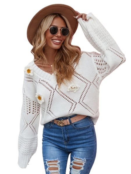

applique drop shoulder pointelle knit sweater 872e#, White;black
