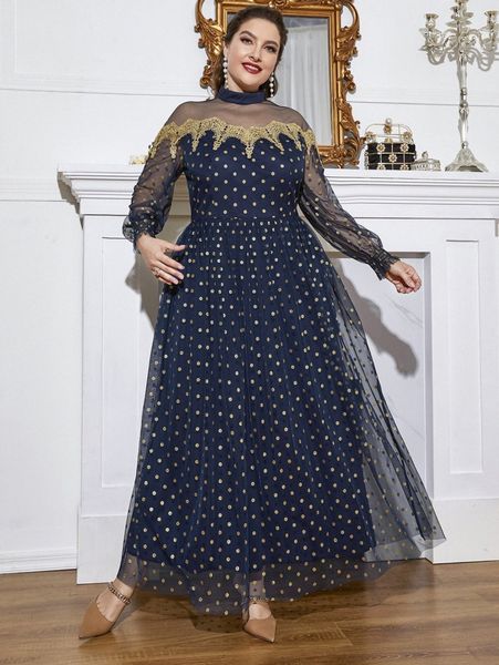 

plus mock neck guipure lace polka dot mesh dress 49bp#, Black