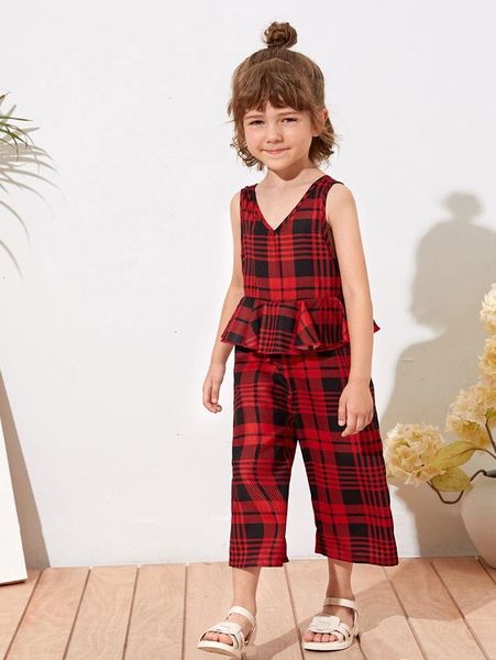 

toddler girls double v-neck tartan peplum jumpsuit she, Blue