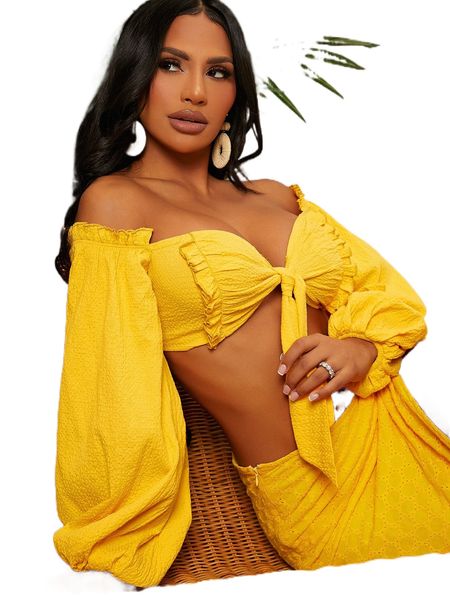 

sxy tie front frill trim lantern sleeve crop i2c7#, White