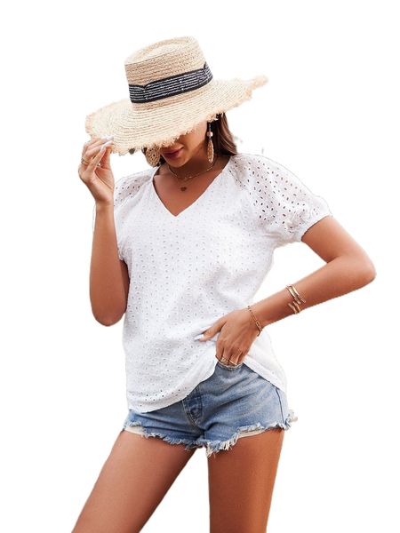 

eyelet embroidery raglan sleeve blouse y1zt#, White