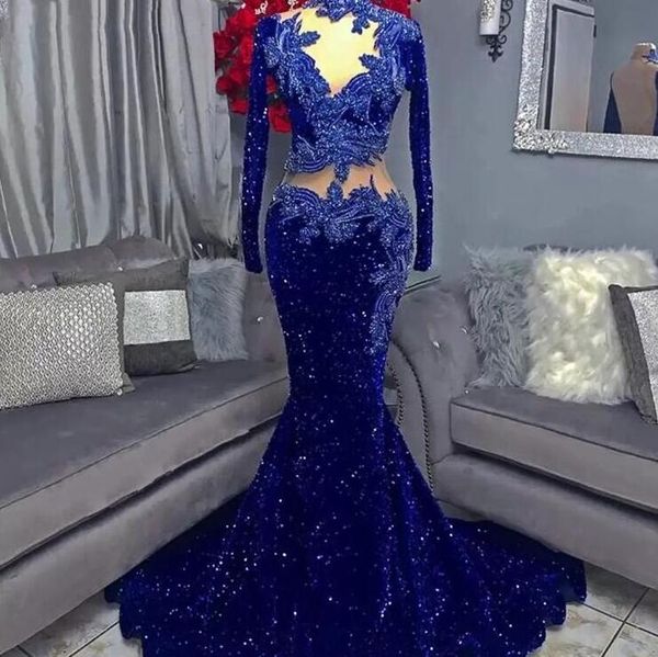 Abiti da ballo blu royal 2022 Paillettes per ragazze nere trasparenti a maniche lunghe Abito da sera formale africano Abito da festa Mermiad C0421