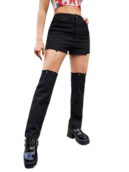 

chain detail high waist pants l12i#, Black;white