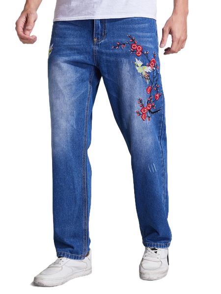 

men floral embroidery straight leg jeans m2em#, Blue