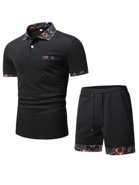 

men geo print patched pocket polo shirt & drawstring waist shorts q4ln#, Gray