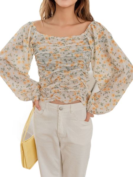 

dazy floral print ruched lantern sleeve blouse r24s#, White