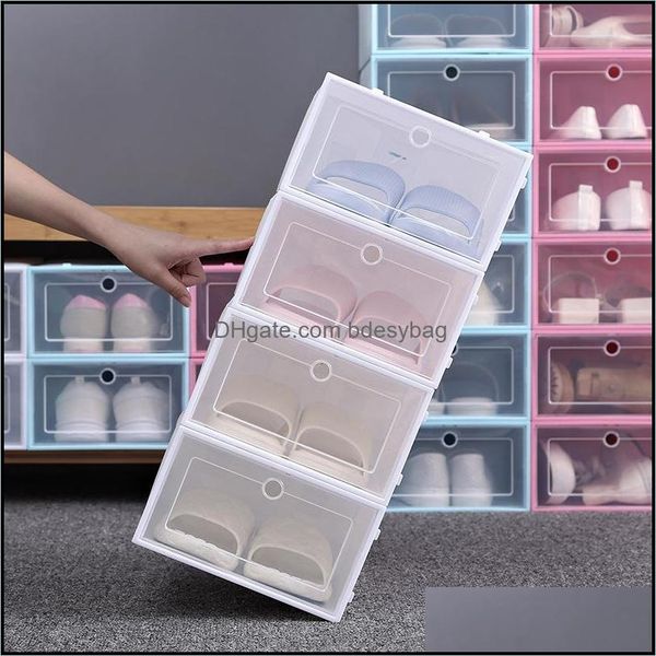 Verdicken Sie durchsichtige Kunststoff-Schuhbox Staubdichte Lagerung Transparente Boxen Candy Color Stapelbare Schuhe Organizer Bh3641 Drop Delivery 2021 Bins Ho