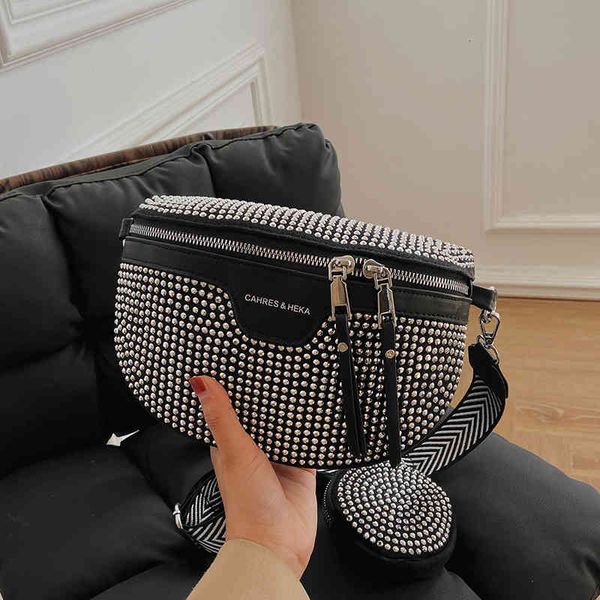 

handbags bags versatile niche design popular this year 2022 new fashion bright diamond waist bag messenger female breast bag, Black;red
