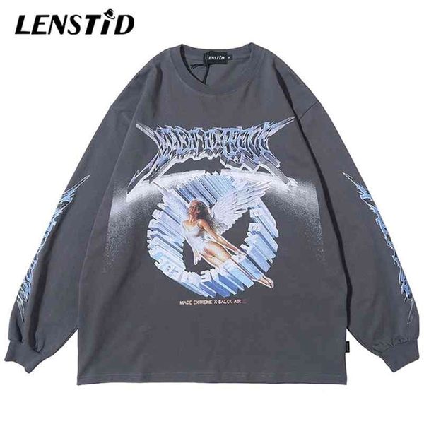 

lenstid men hip hop streetwear angel print t shirt harajuku oversize tshirts long sleeve fashion large t-shirt cotton tees 210329, White;black